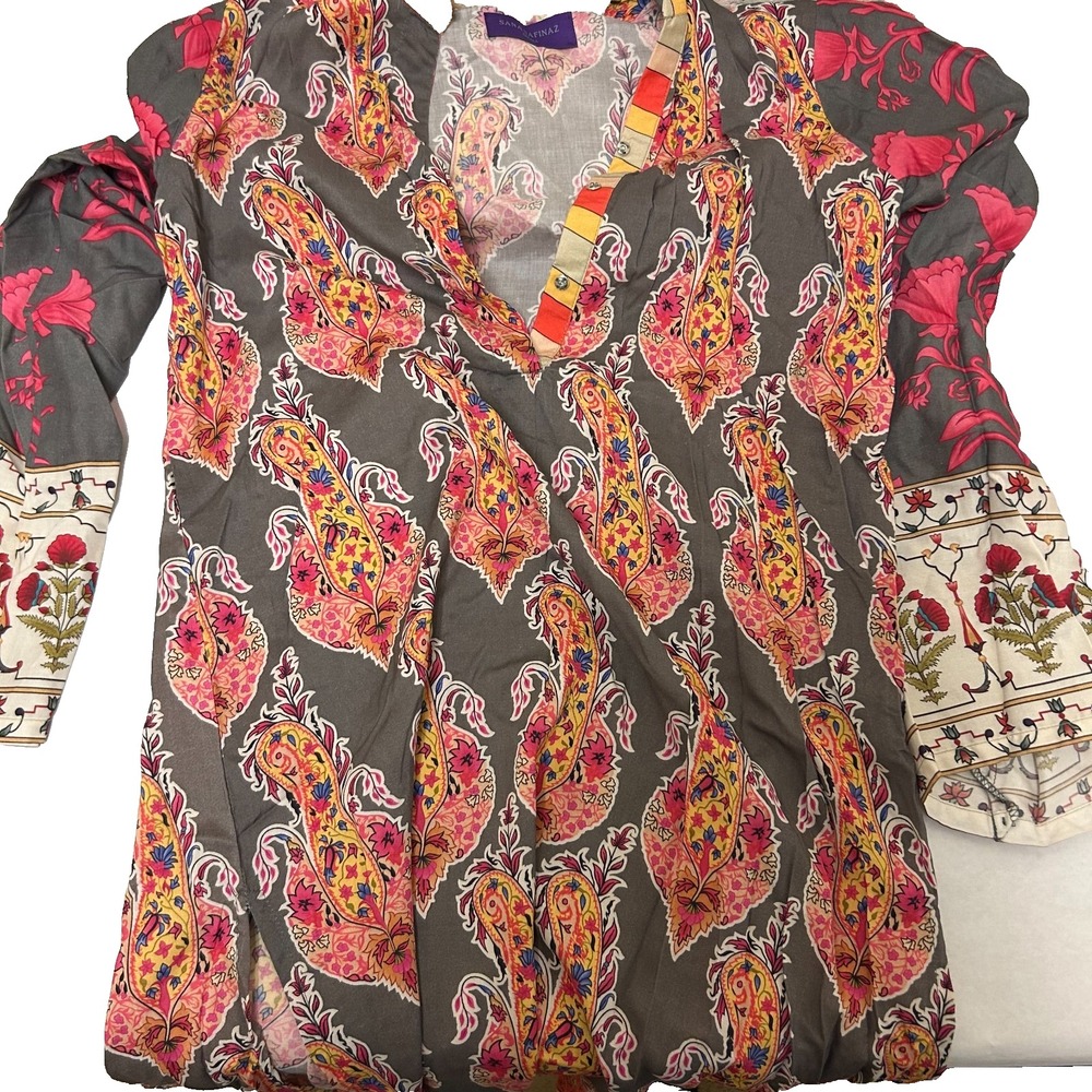 Sana Safinaz Tunic Blouse Dress Kameez Womens S Brown Paisley Print Henley Neck